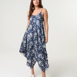 Blue Palm-Print Handkerchief Hem Maxi Dress